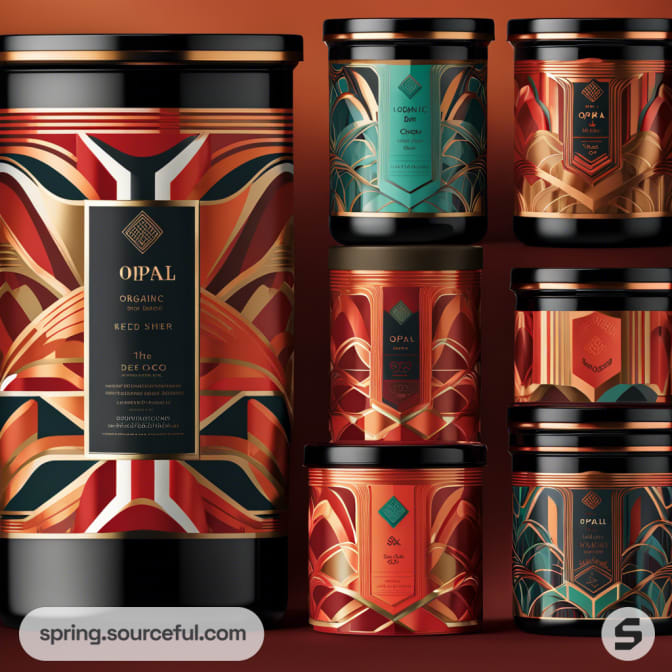 Luxurious packaging with geometric patterns in red, gold, and teal on cylindrical containers.