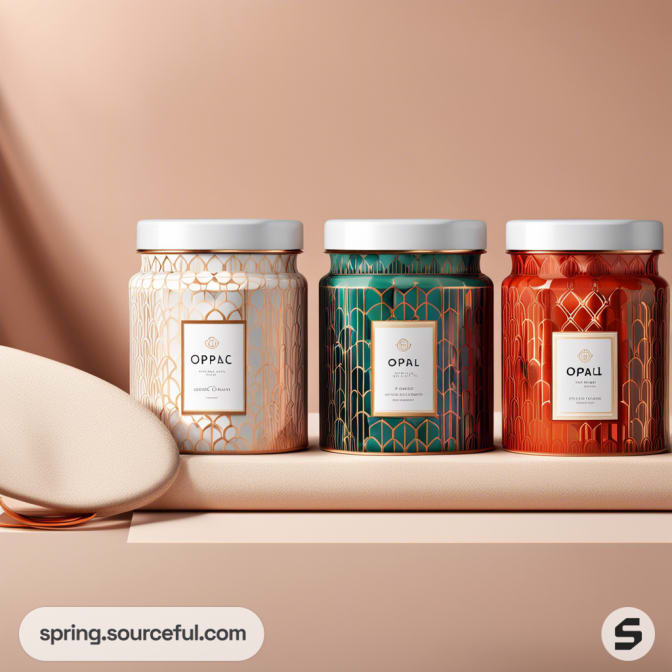 Three glass jars with metallic geometric patterns, in white, green, and orange, with silver lids, on a brown background.