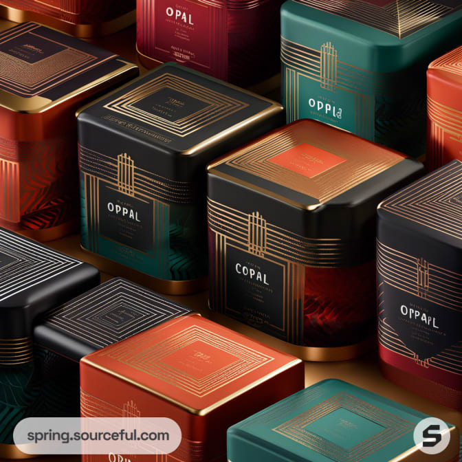 Assorted elegant square tins with art deco designs in black, red, and green colors.