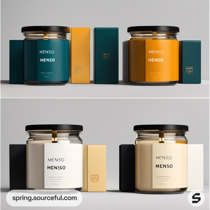 Three candle jars with teal, mustard, and cream boxes