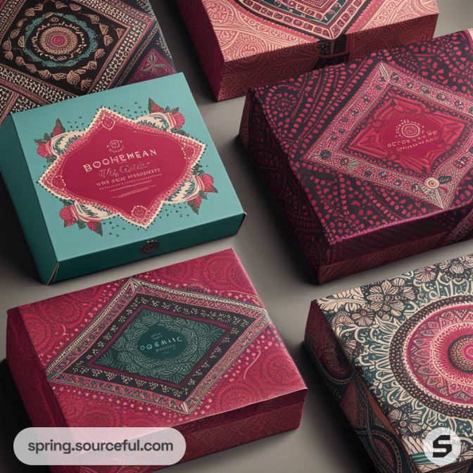 Collection of decorative, patterned boxes in red and teal, featuring intricate designs and festive motifs.