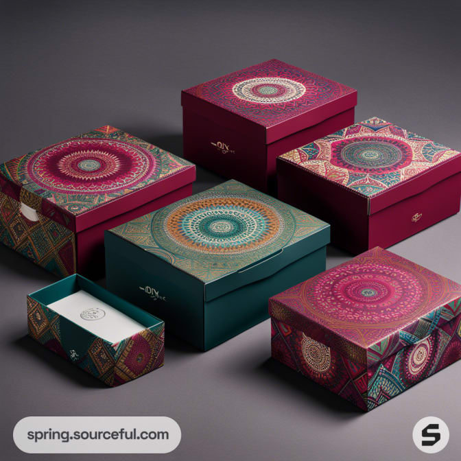 Colorful decorative boxes with intricate mandala patterns, featuring various sizes and rich jewel tones.