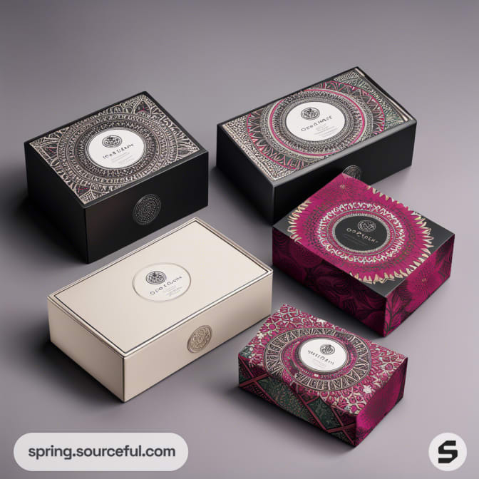 Set of luxury rectangular boxes in black, white, and maroon with intricate circular patterns on lids.