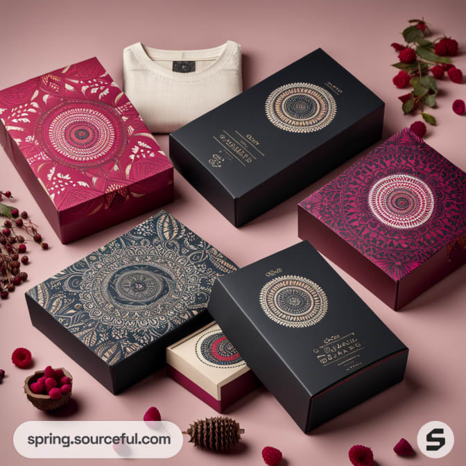 Assorted decorative boxes with intricate floral patterns on a pink background, one box holds a folded cream shirt.