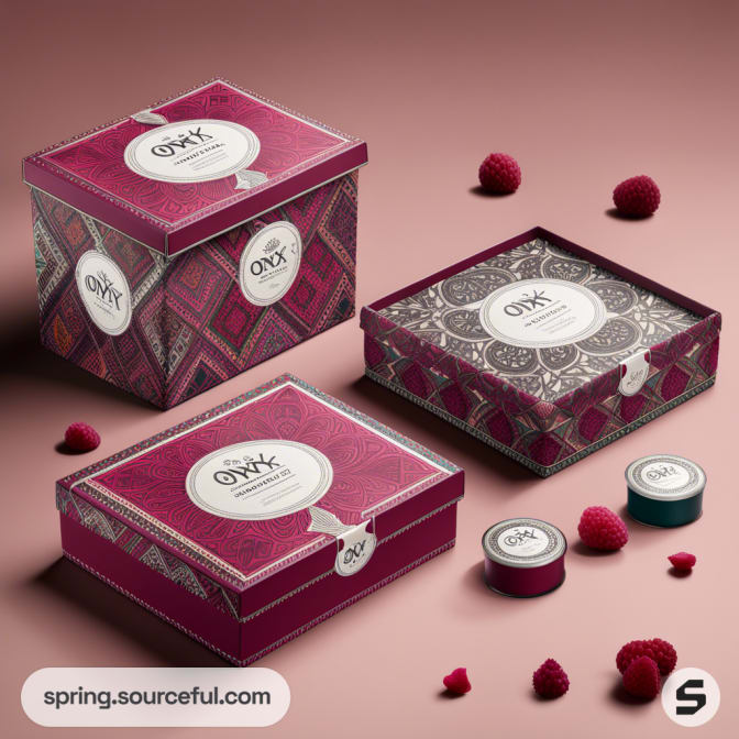 Three decorative boxes in vibrant red and pink hues with intricate patterns, surrounded by small round objects.