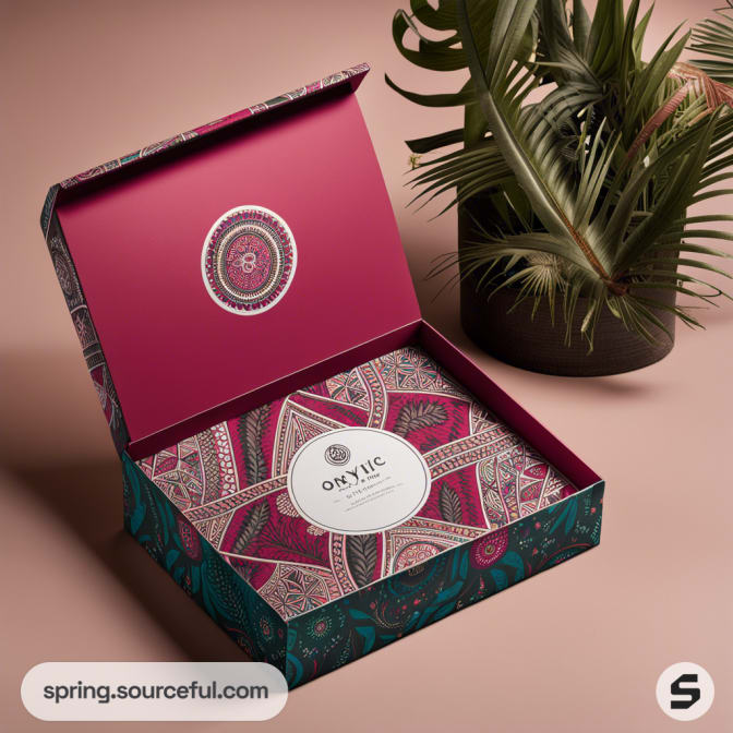 Decorative pink and green open mailer box with intricate patterns, next to a plant in a brown pot.