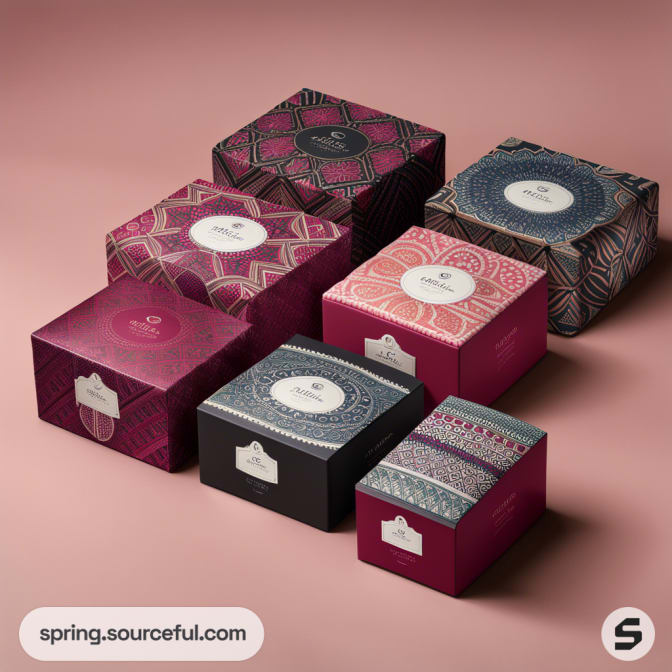 Colorful patterned boxes with intricate designs on a pink background.
