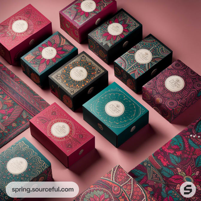 Colorful decorative boxes with intricate floral patterns on a pink background.