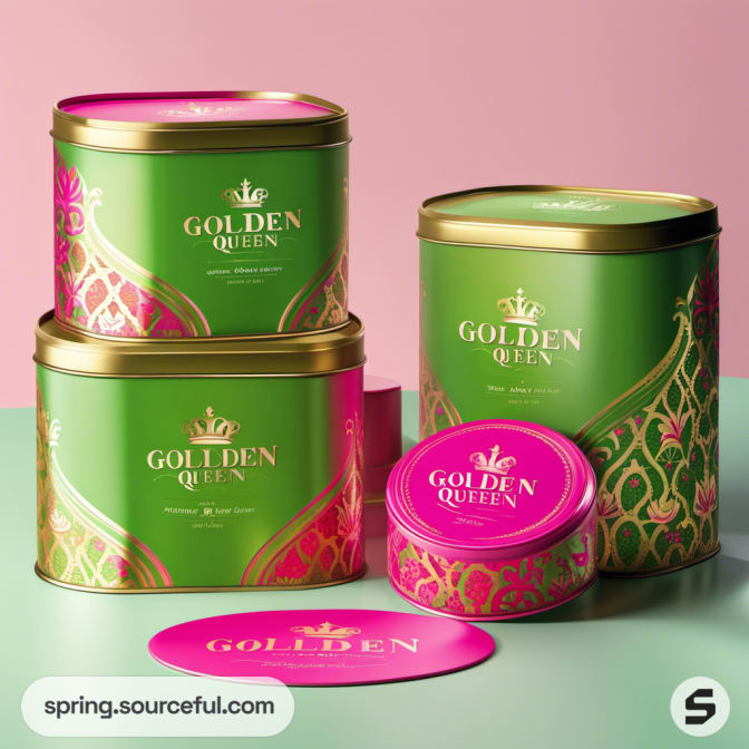 Green and pink tins with gold detailing for 'Golden Queen' products.