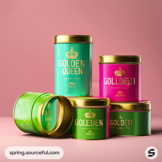 Assorted vertical tins in green and pink with 'Golden Queen' branding.