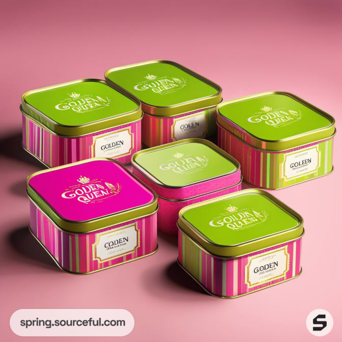 Square tins in green and pink with striped patterns and 'Golden Queen' label.