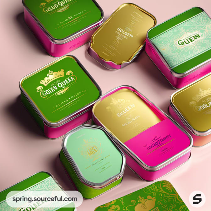 Open square tins revealing gold interiors, green and pink designs.