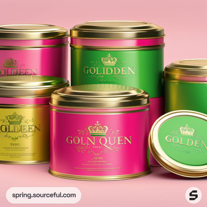 Round and square tins in pink and green with gold accents, 'Golden Queen' branding.