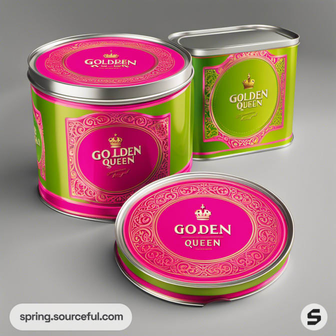 Three round tins with intricate green and pink designs, 'Golden Queen' label.