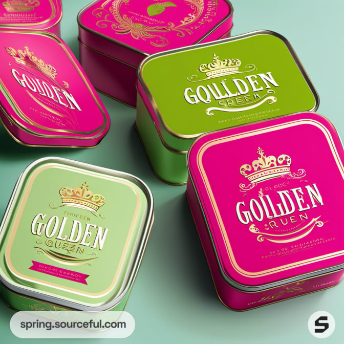 Various square tins with pink and green colors, featuring crowns and 'Golden Queen.'