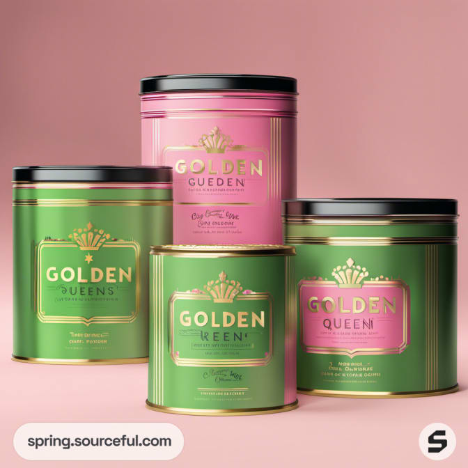 Metal tins in pink and green with gold highlights and 'Golden Queen' branding.