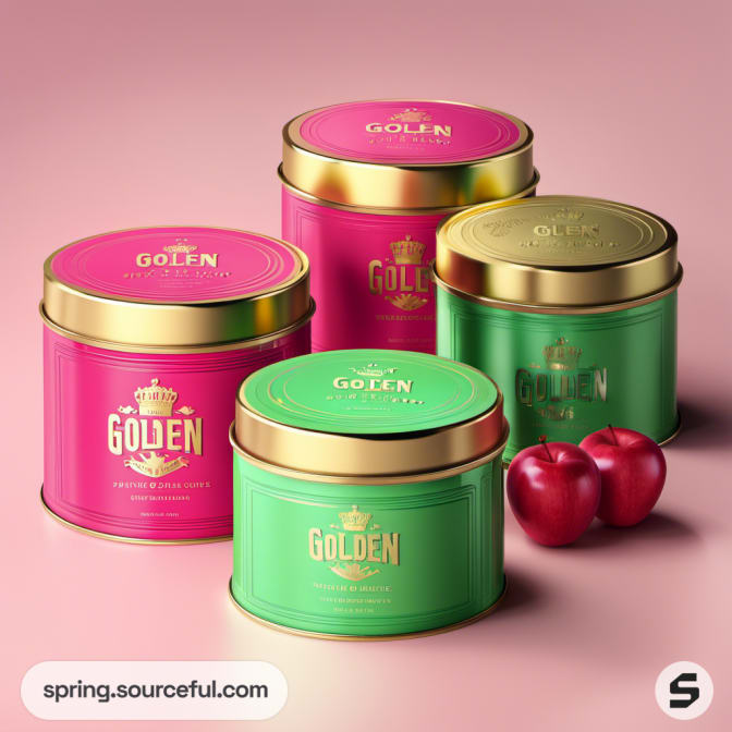 Round tins in green and pink with gold lids, alongside decorative apples.