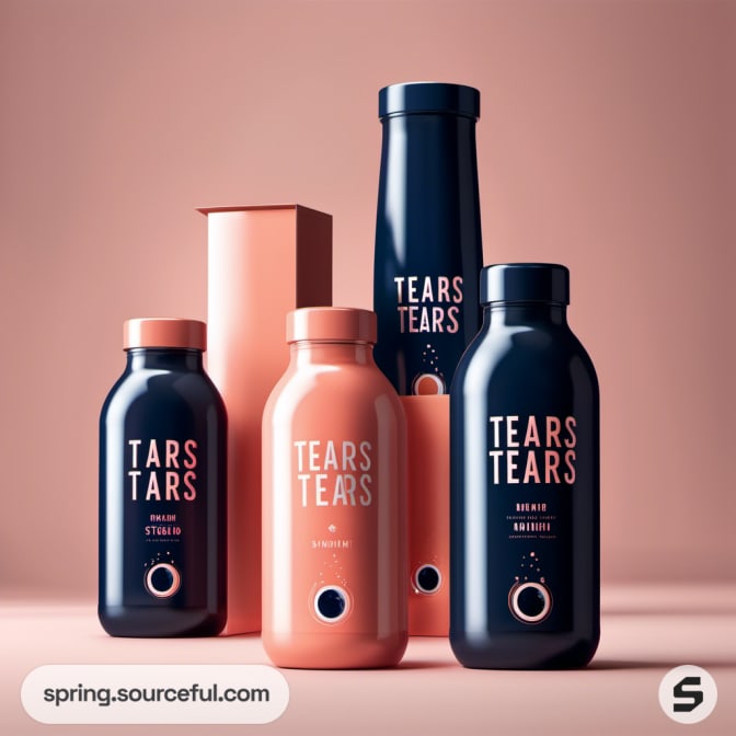 Assorted peach and dark bottles labeled 'Tears' on peach background.