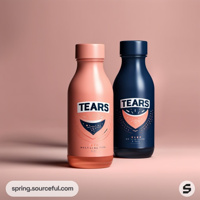 Two bottles with 'Tears' label on peach background.