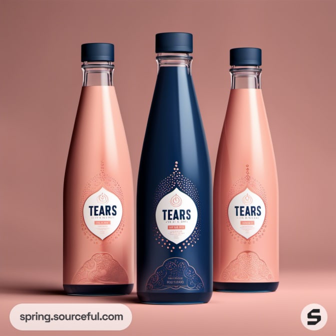 Three slender bottles labeled 'Tears' on peach background.