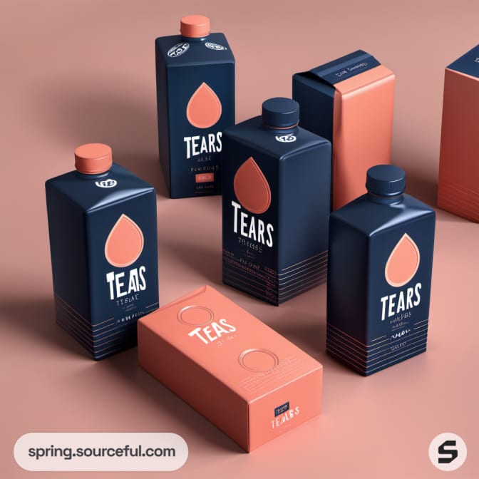 Assorted rectangular bottles labeled 'Tears' on peach background.