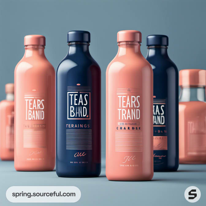 Assorted peach and dark bottles with 'Tears' label on blue background.