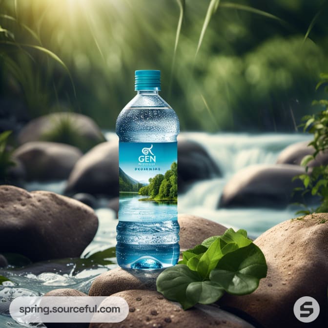 Clear water bottle near flowing stream and rocks.