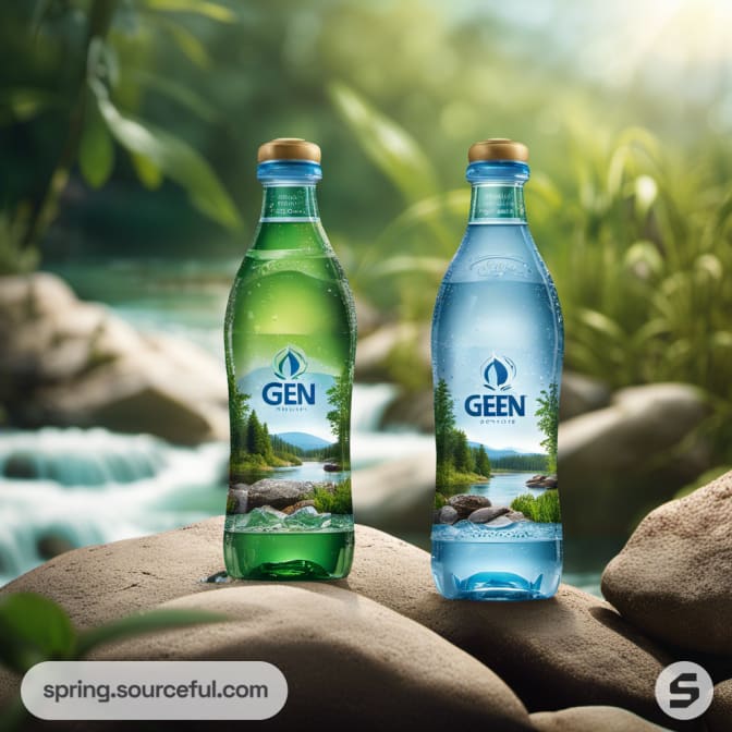 Green and clear water bottles in nature setting.