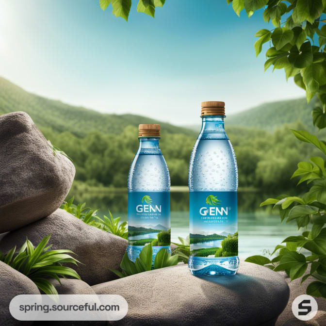 Two clear water bottles in scenic nature view.