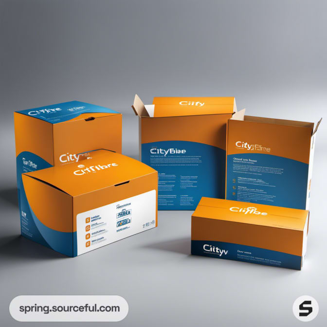 Blue and orange mailer boxes with text and graphics.