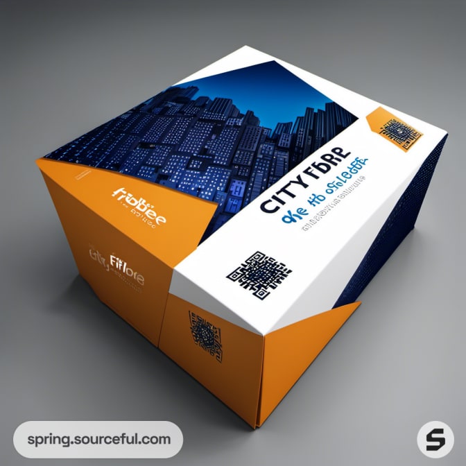 Blue box with cityscape graphic and QR code.