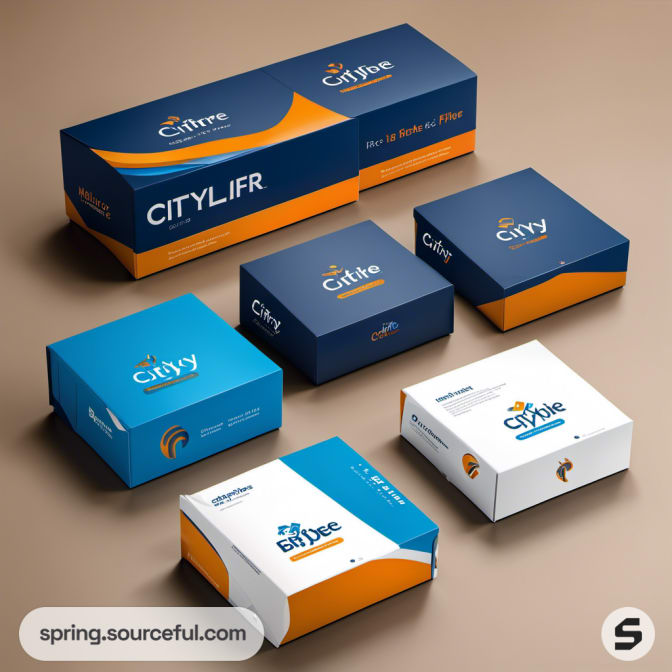 Set of blue and orange branded boxes on display.
