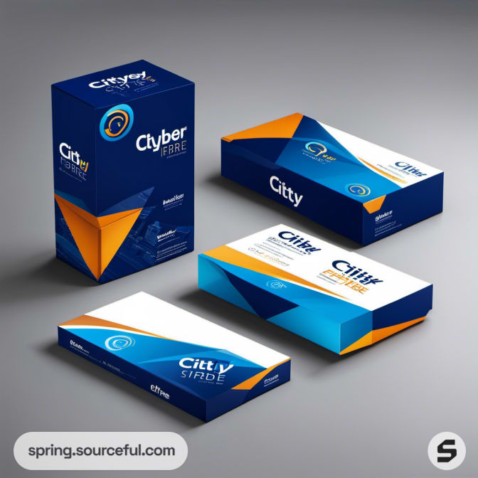 Blue and orange angular design boxes, vertical and horizontal.