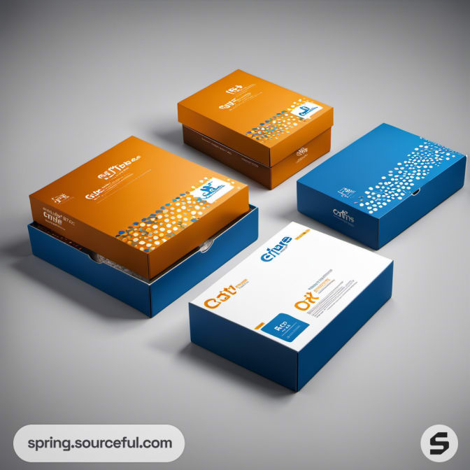 Orange and blue boxes with geometric patterns and text.
