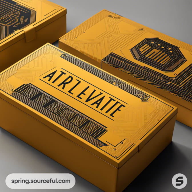 Yellow and black art deco style packaging with intricate designs.