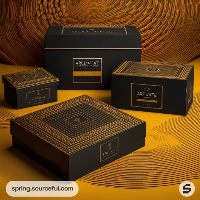 Black boxes with gold detailing on a textured gold background.