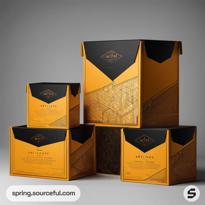 Sturdy boxes in black and gold with geometric patterns.