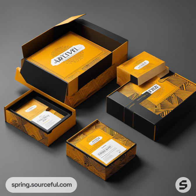 Open black and orange boxes with modern geometric designs.