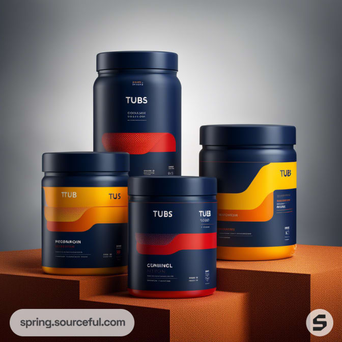 Four dark cylindrical tubs with yellow and red accents on a brown platform.