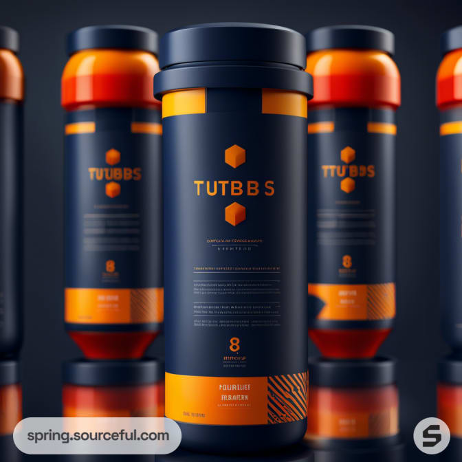 Tall dark cylindrical tubs with orange caps and accents, arranged in a row.
