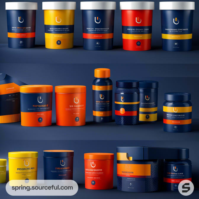 Assorted dark tubs and bottles with yellow, orange, and red accents on a blue backdrop.