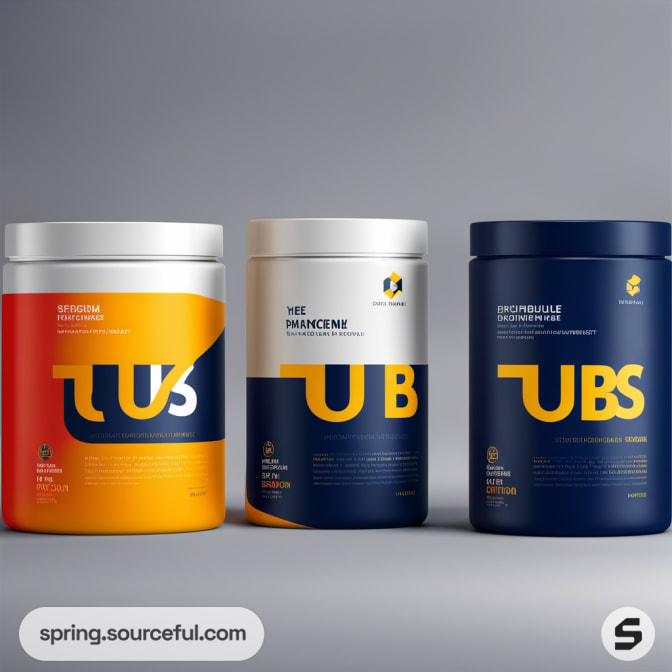 Three tubs with large branding, colored in white, yellow, and dark blue.