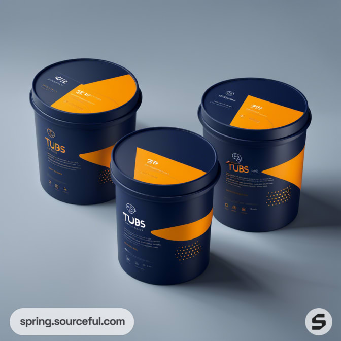 Three cylindrical tubs with blue lids and minimalist design on a light background.