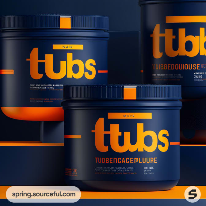 Three squat tubs with bold orange and blue branding on dark background.