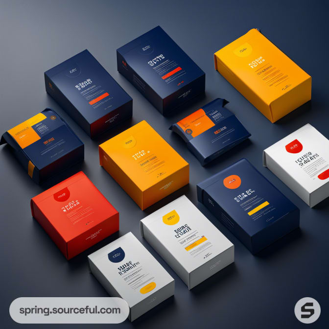 Series of colorful rectangular boxes with minimalistic designs, assorted colors.