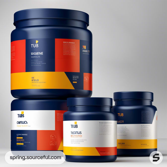 Four dark tubs with large labels in red, white, and yellow on a light background.