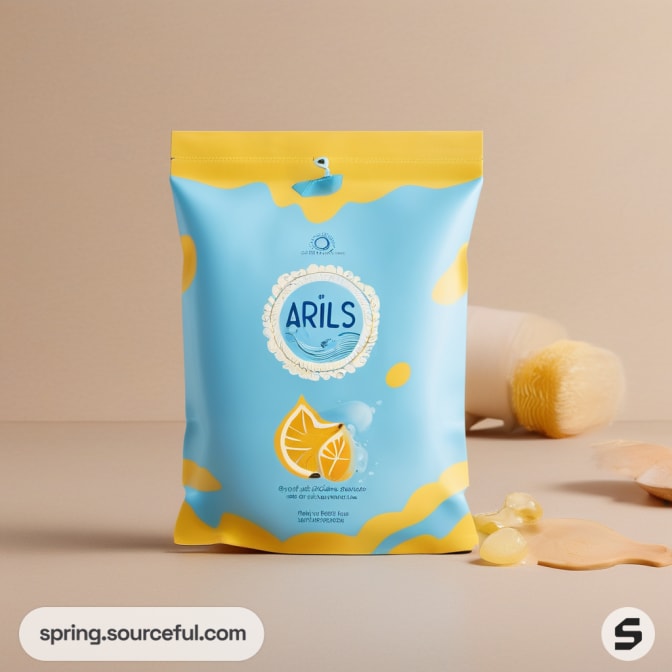 Blue and yellow plastic pouch with citrus design on beige background