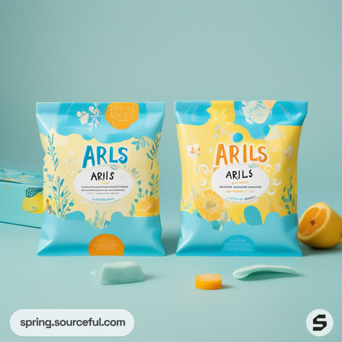 Two blue and yellow pouches with floral designs, soaps and lemon on teal background