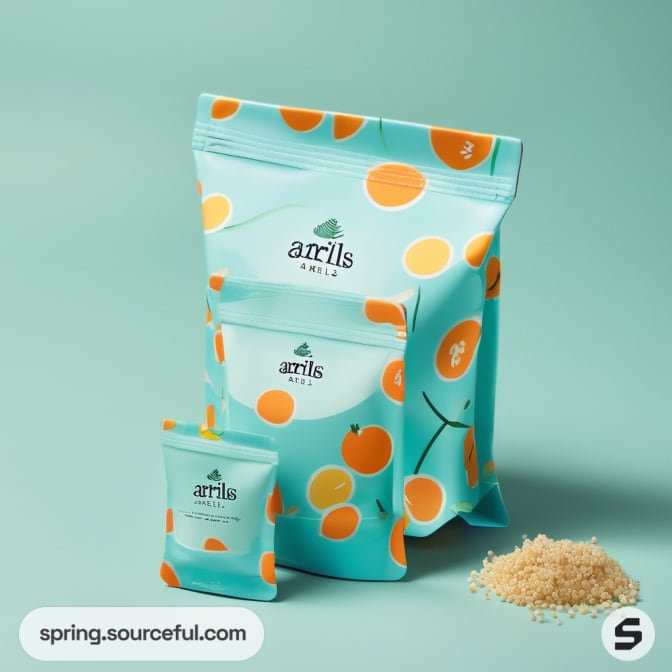 Three teal pouches with orange design, rice grains on teal background