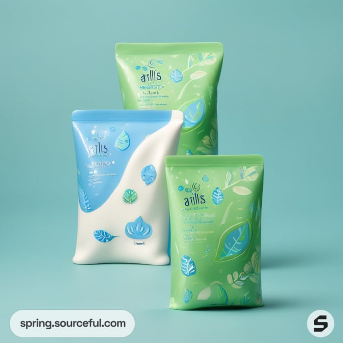 Three green and blue pouches with leaf design on teal background